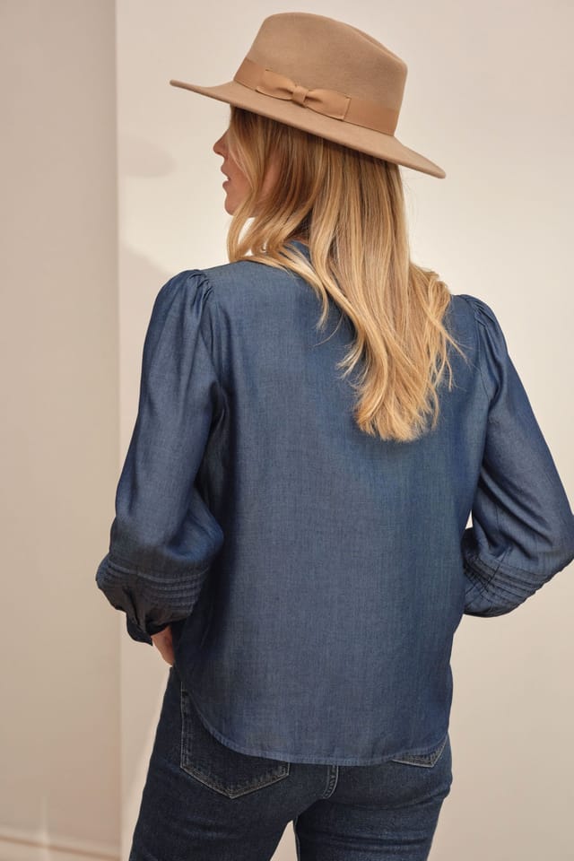 Pure Collection Pure Collection Women's Tencel Collarless Pleated Blouse in Blue - 3