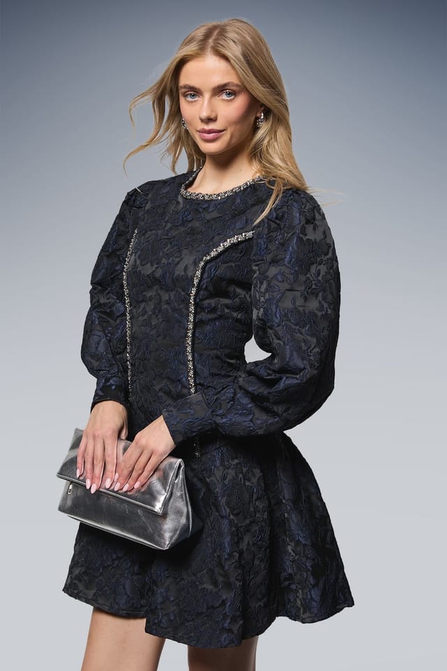Oasis Oasis Women's Embellished Trim Jacquard Mini Dress in Navy - 2