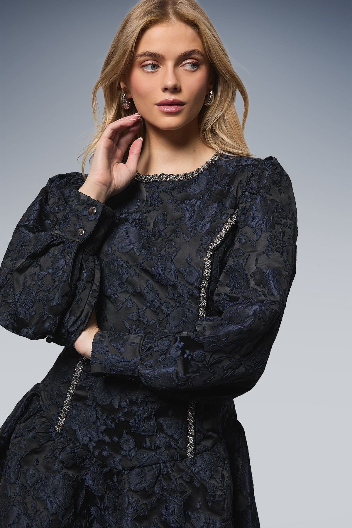Oasis Oasis Women's Embellished Trim Jacquard Mini Dress in Navy - 4