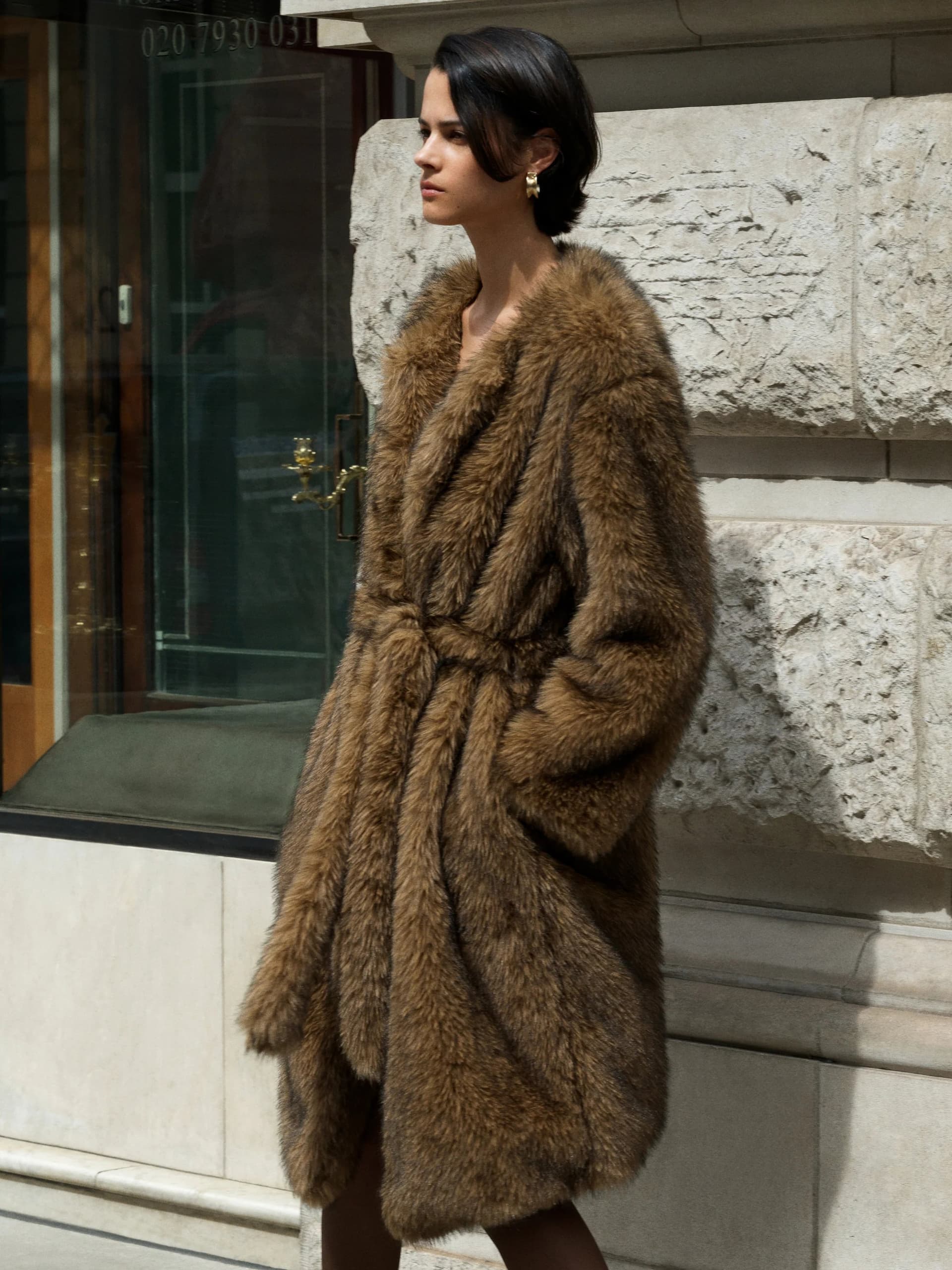 French Connection Maribel Brown Longline Faux Fur Coat Brown Multi