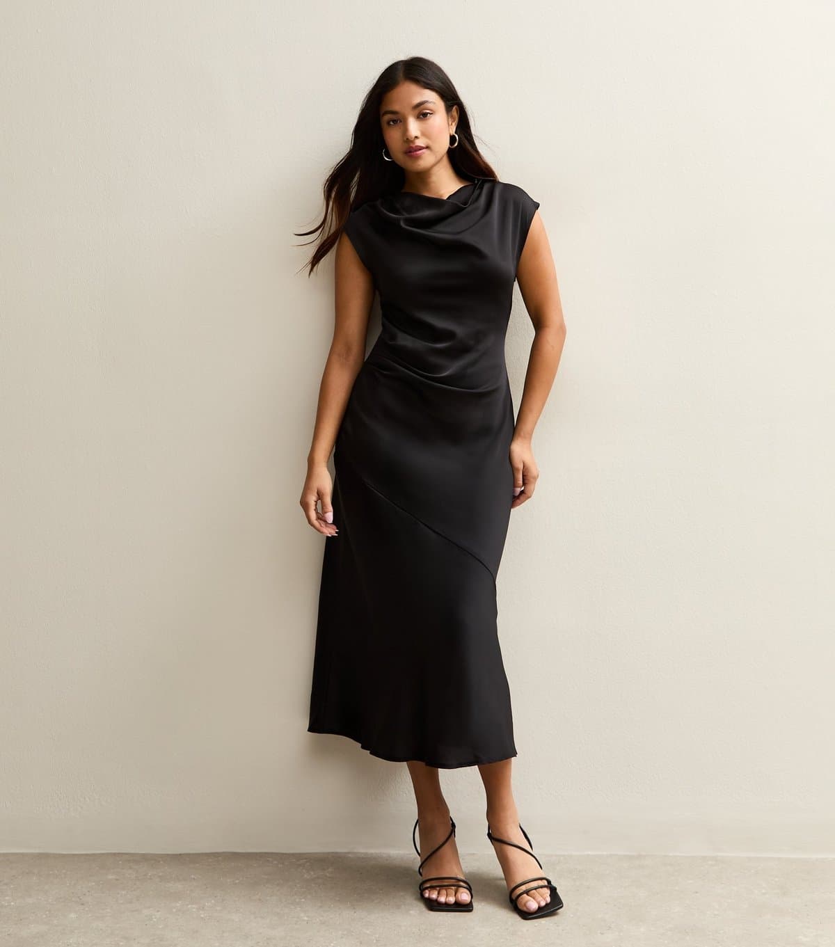 New Look Women's Petite Black Satin Cowl Neck Midi Dress New Look