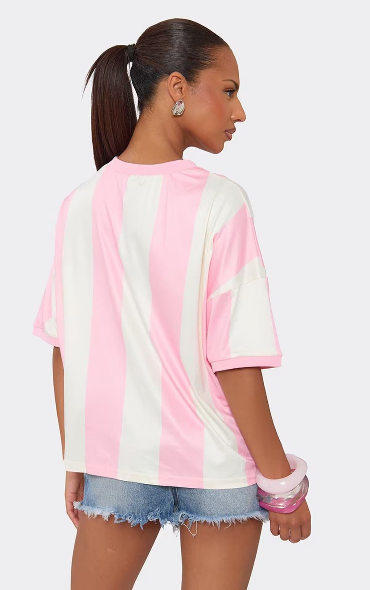 EGO Short Sleeve Graphic Detail Oversized T-Shirt In Pink Stripe, Women's Size UK 6