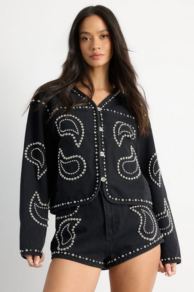 Warehouse Warehouse Women's Paisley Embellished Denim Jacket in Black - 2