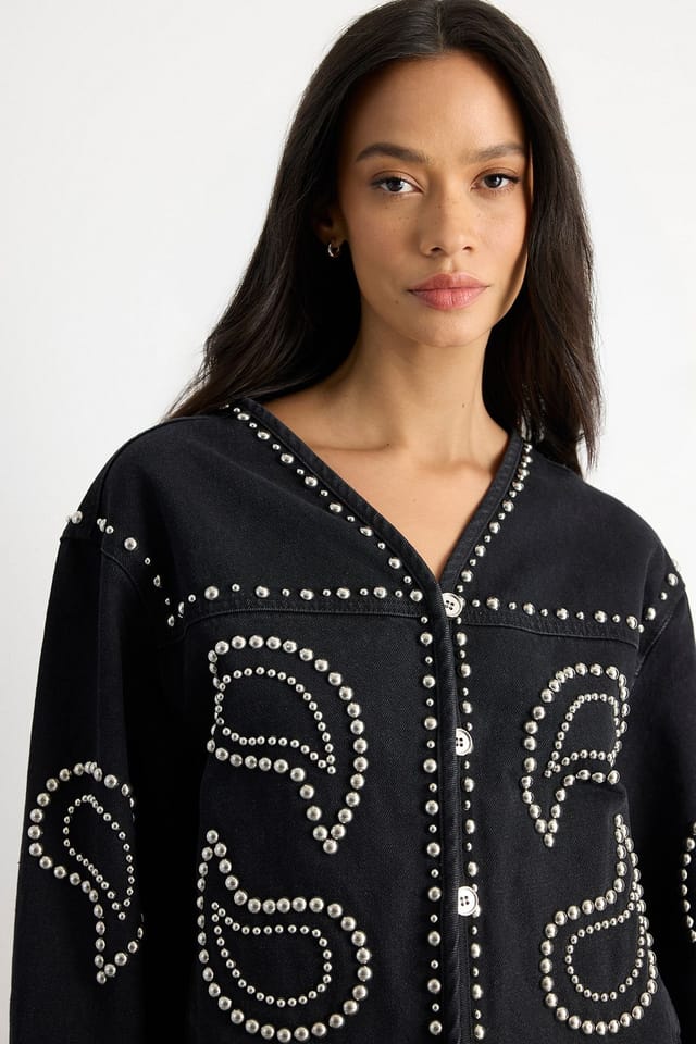 Warehouse Warehouse Women's Paisley Embellished Denim Jacket in Black - 3