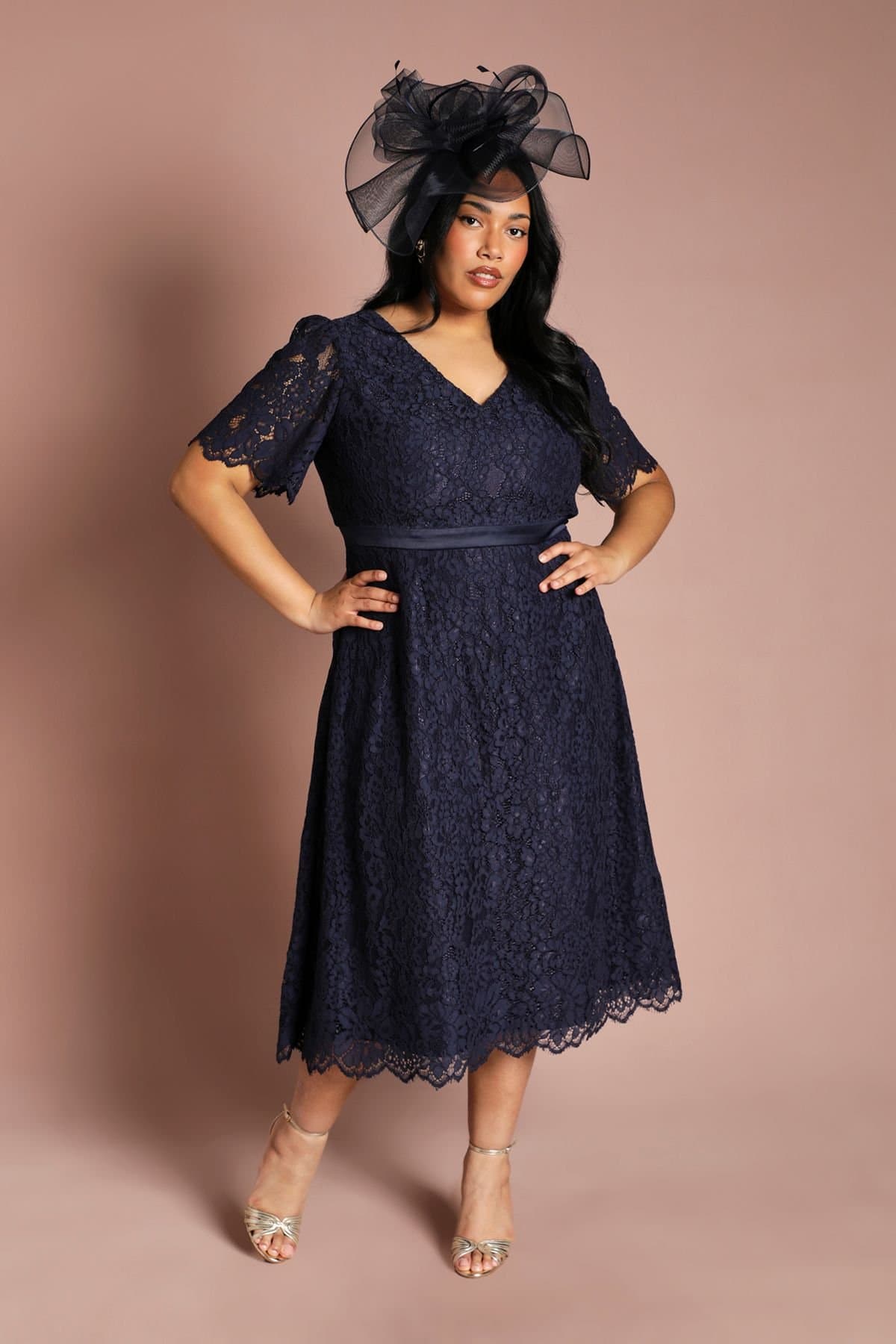 Coast Coast Women's Plus Lace Angel Sleeve Midi Dress in Navy