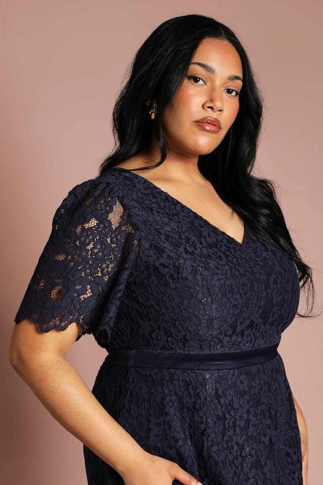 Coast Coast Women's Plus Lace Angel Sleeve Midi Dress in Navy - 2
