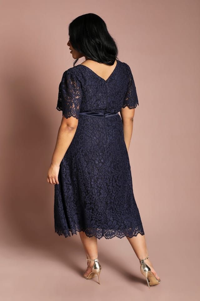 Coast Coast Women's Plus Lace Angel Sleeve Midi Dress in Navy - 3