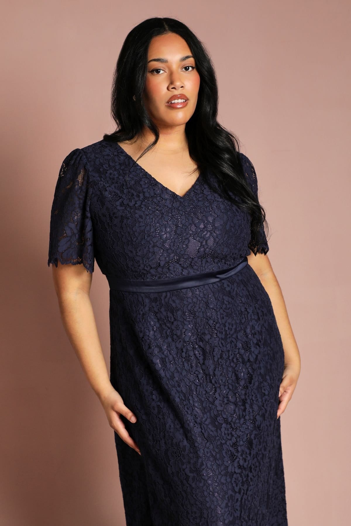 Coast Coast Women's Plus Lace Angel Sleeve Midi Dress in Navy - 4