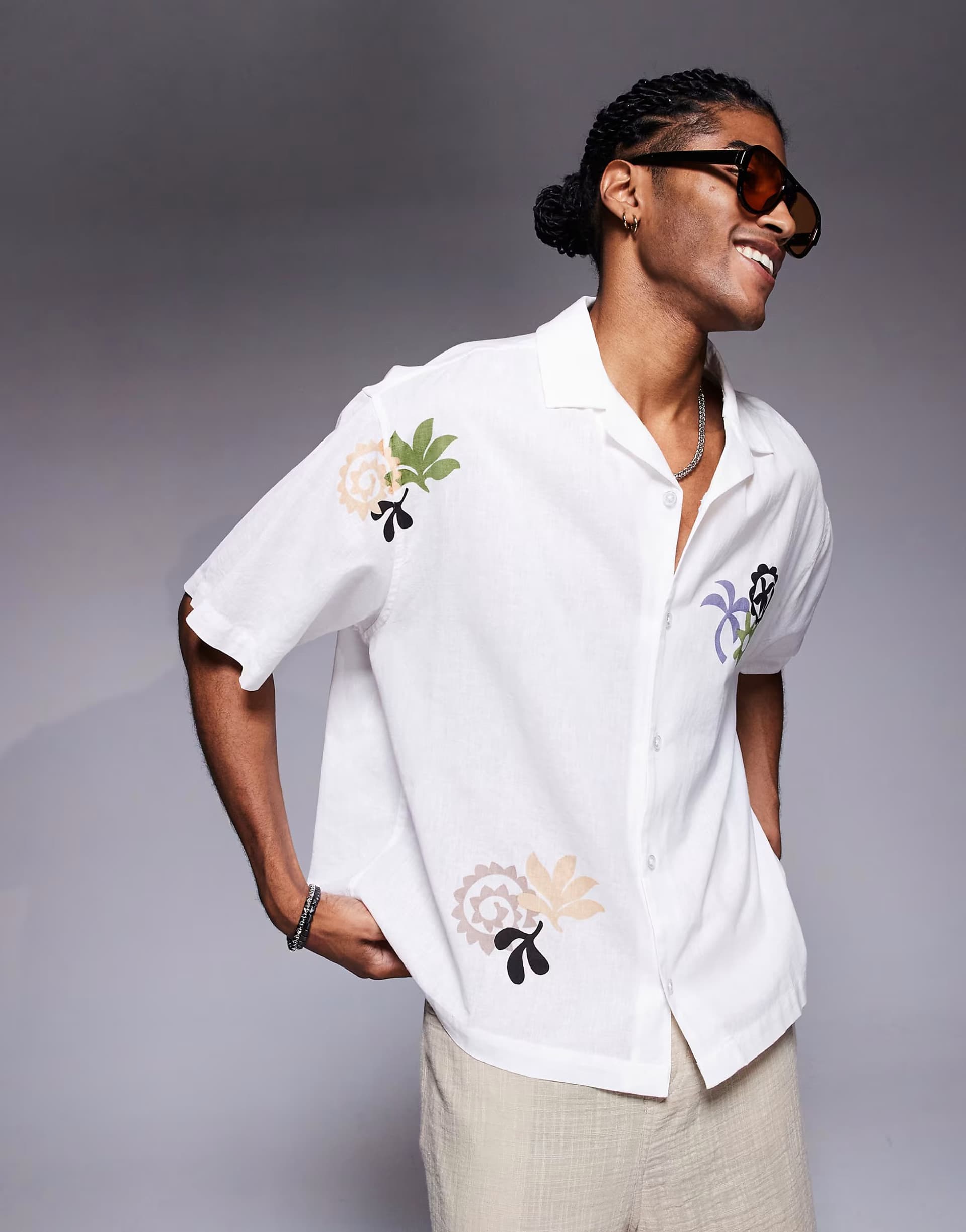 ASOS ASOS DESIGN oversized revere shirt with print in white