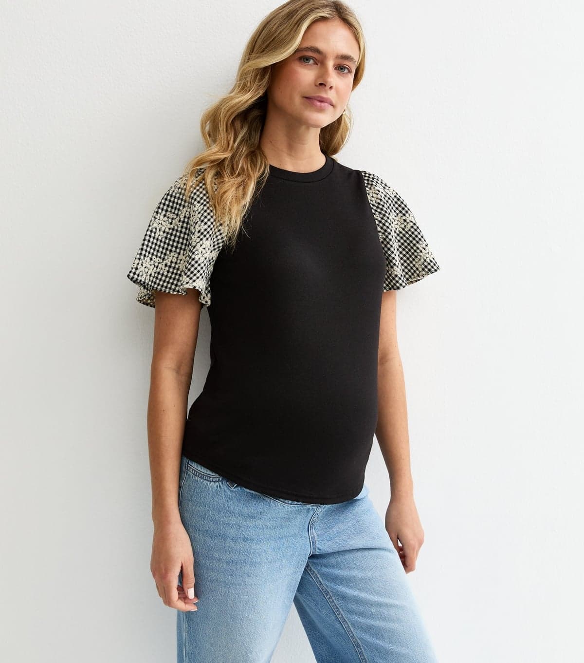 New Look Women's Maternity Black Soft Touch Contrast Check Sleeve Top New Look