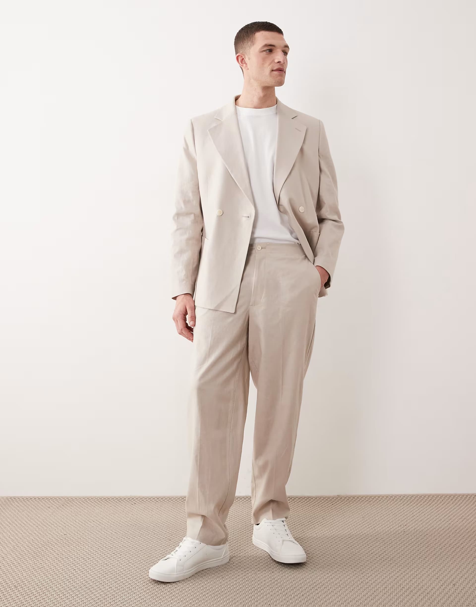 ASOS ASOS DESIGN oversized tapered suit trousers in stone with linen