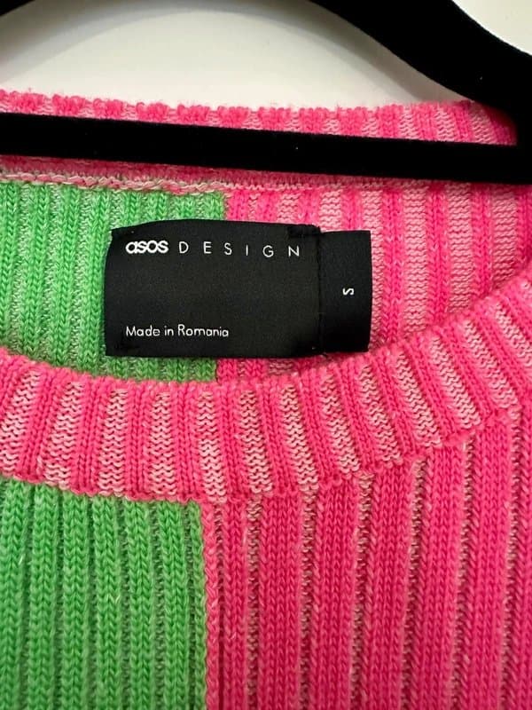 ASOS Design Knitted muscle fit rib jumper in neon pink & green