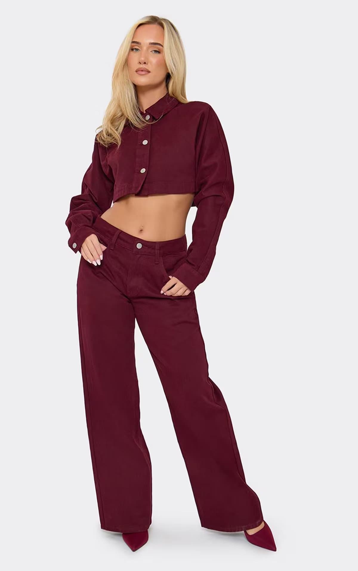 EGO Long Sleeve Extreme Cropped Jacket In Burgundy Denim, Women's Size UK 6