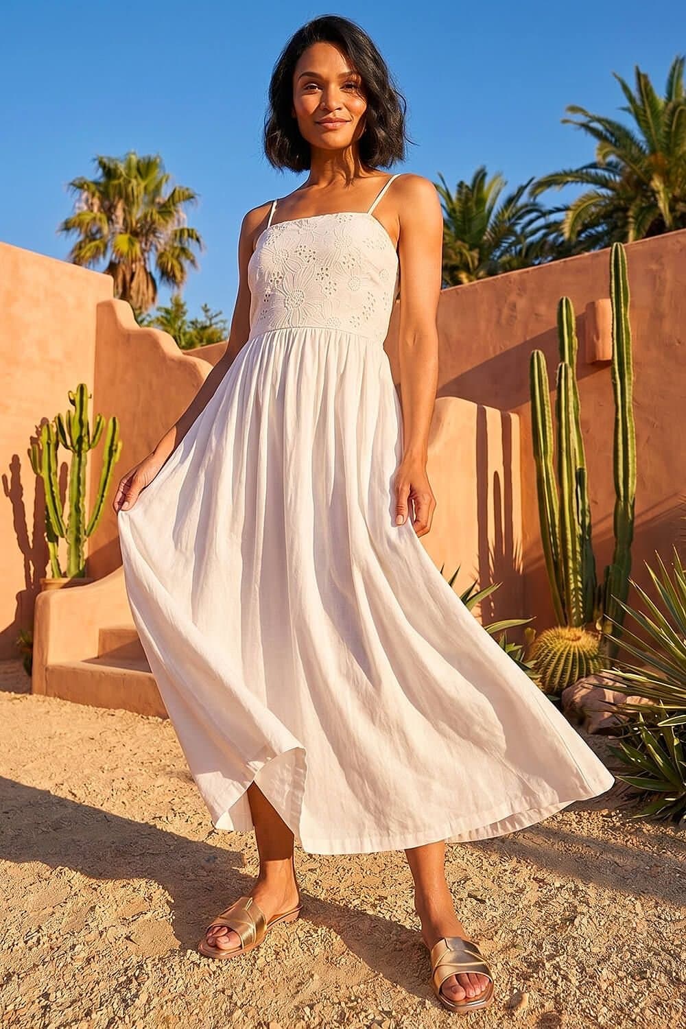 Dusk Dusk Women's Floral Embroidered Midi Dress in Ivory