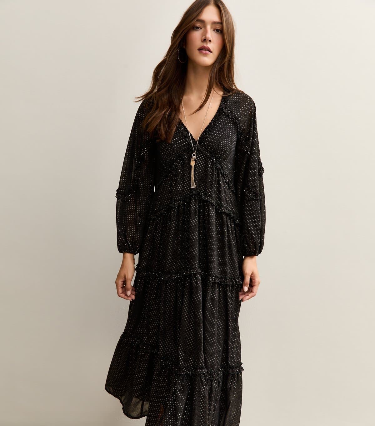 New Look Women's Black Gold Fleck Ruffle Trim Chiffon Midi Dress New Look