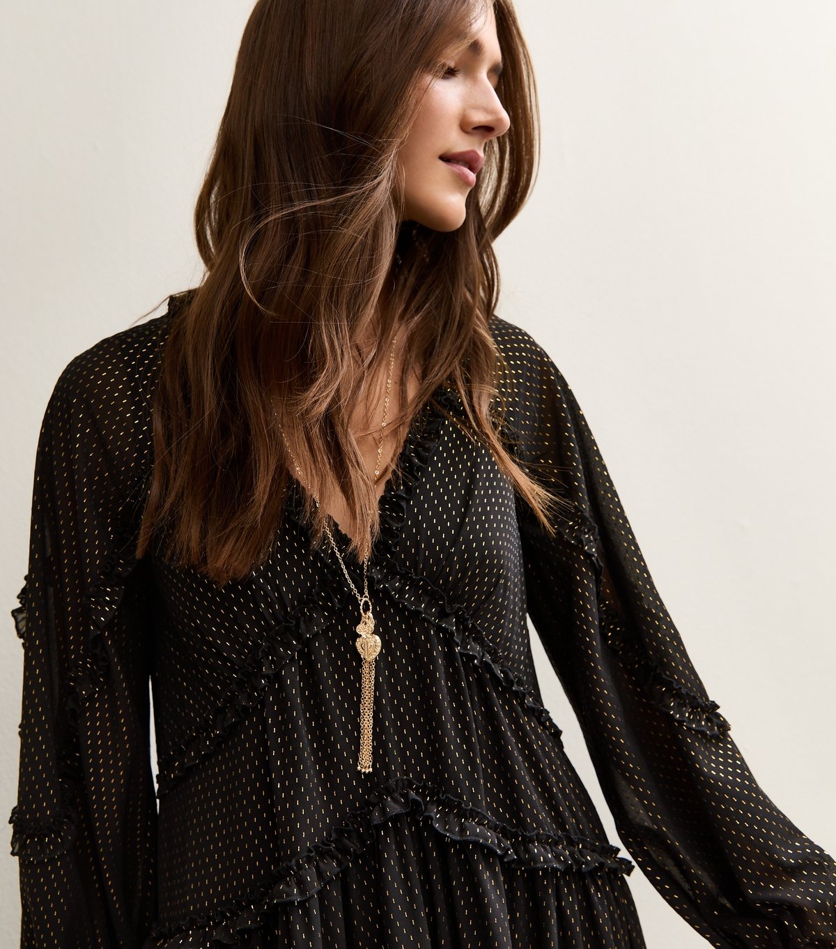 New Look Women's Black Gold Fleck Ruffle Trim Chiffon Midi Dress New Look - 2