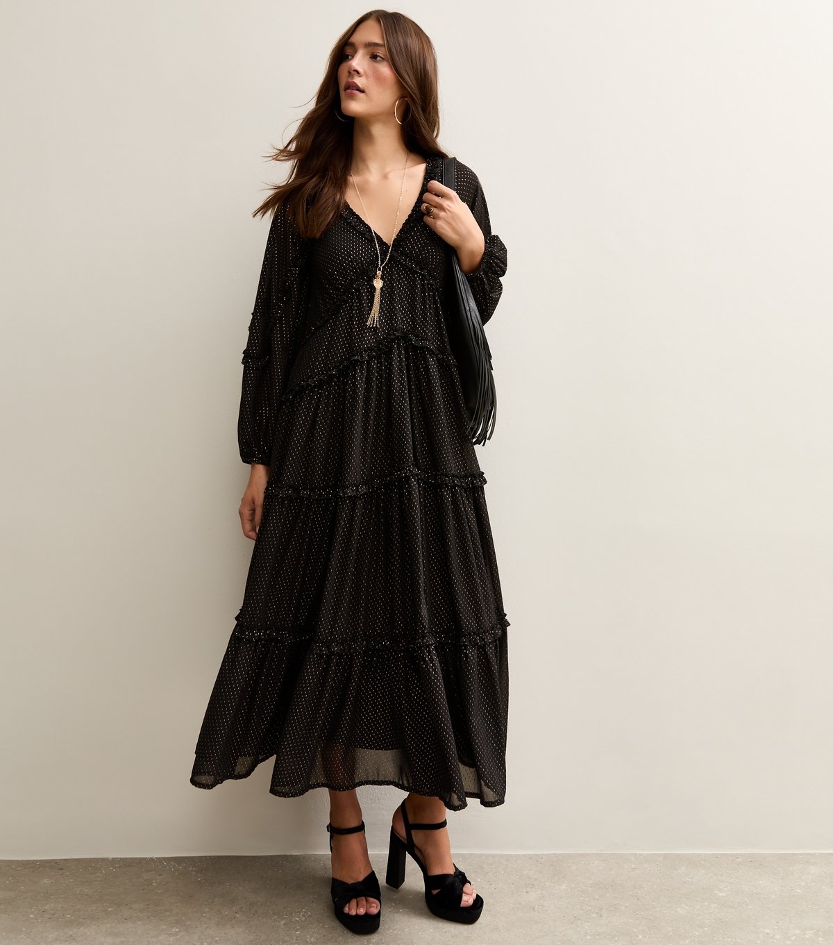 New Look Women's Black Gold Fleck Ruffle Trim Chiffon Midi Dress New Look - 3