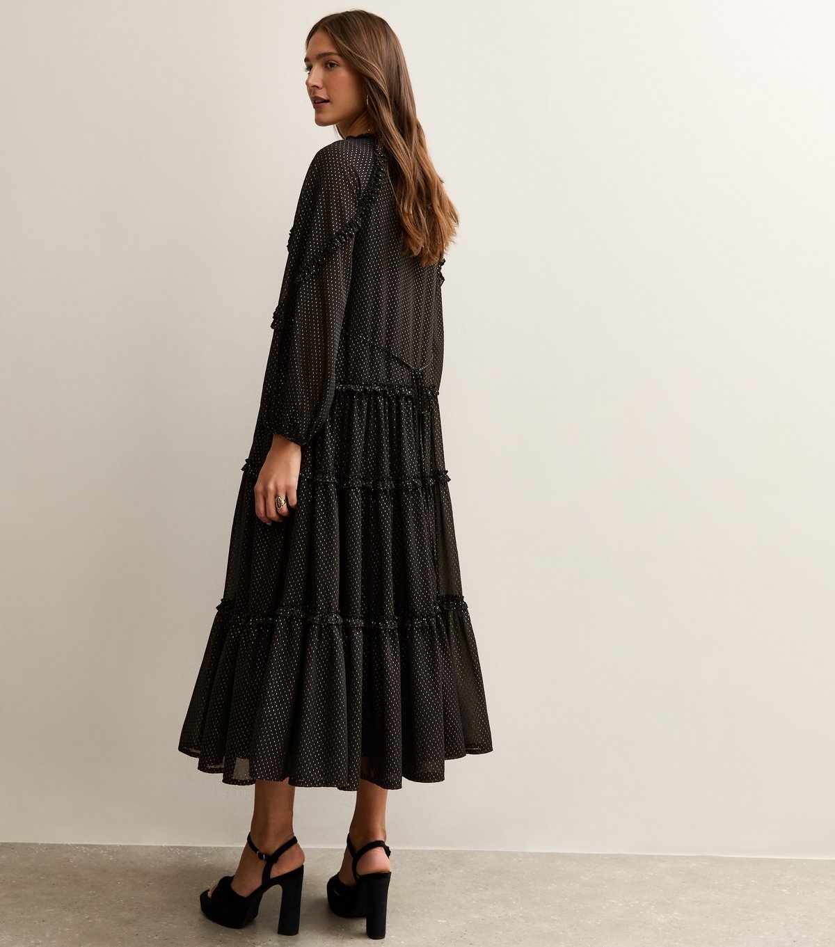 New Look Women's Black Gold Fleck Ruffle Trim Chiffon Midi Dress New Look - 4