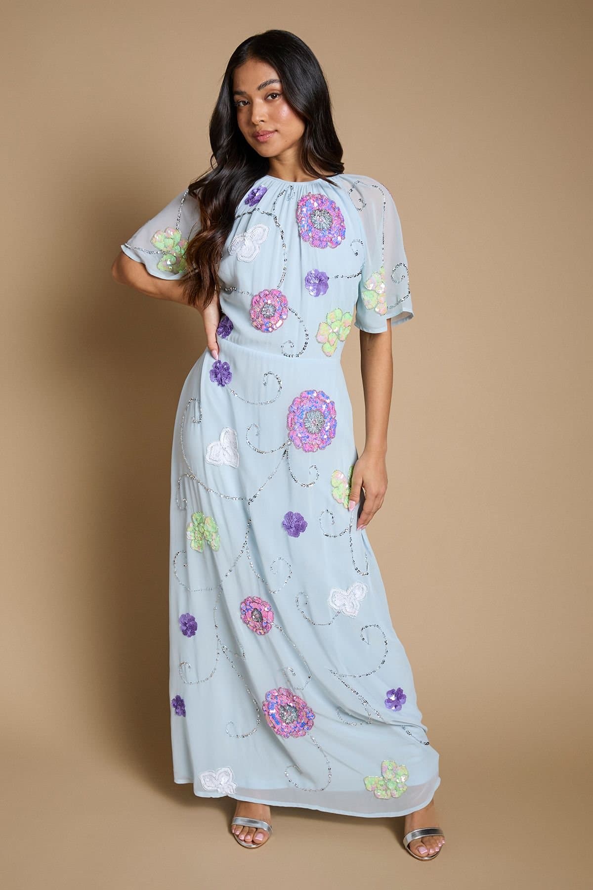 Oasis Oasis Women's Petite Angel Sleeve Statement Embellished Maxi Dress in Light Blue