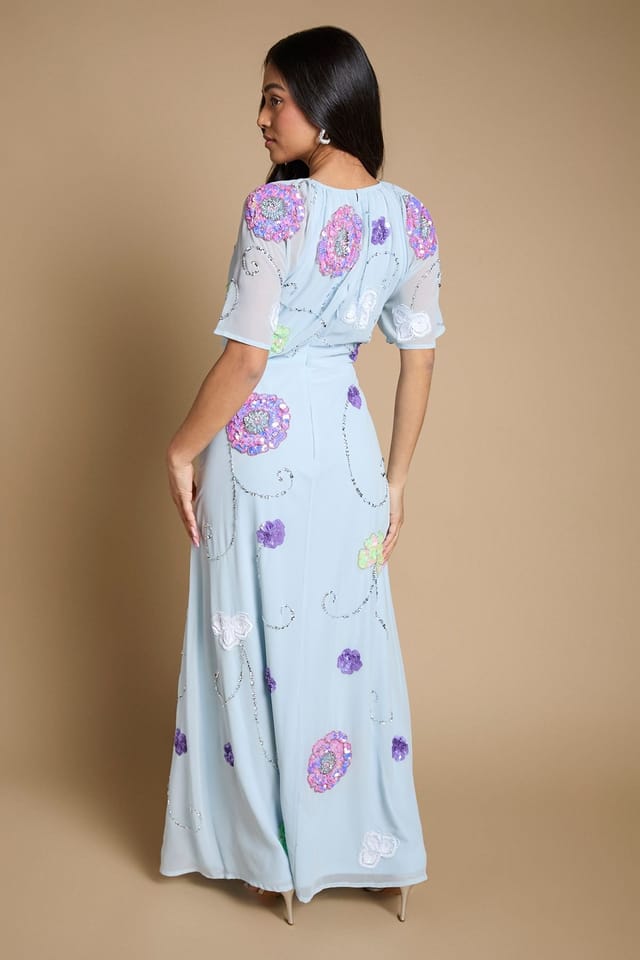 Oasis Oasis Women's Petite Angel Sleeve Statement Embellished Maxi Dress in Light Blue - 3