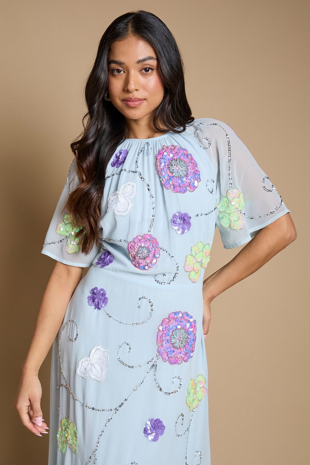 Oasis Oasis Women's Petite Angel Sleeve Statement Embellished Maxi Dress in Light Blue - 4