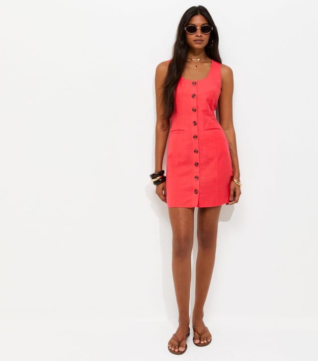 New Look Women's Dark Coral Cotton Button Through Mini Dress New Look - 2