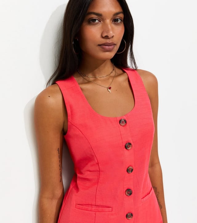 New Look Women's Dark Coral Cotton Button Through Mini Dress New Look - 3