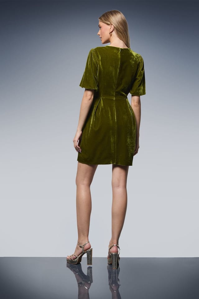 Oasis Oasis Women's Bow Front Velvet Mini Dress in Olive - 3