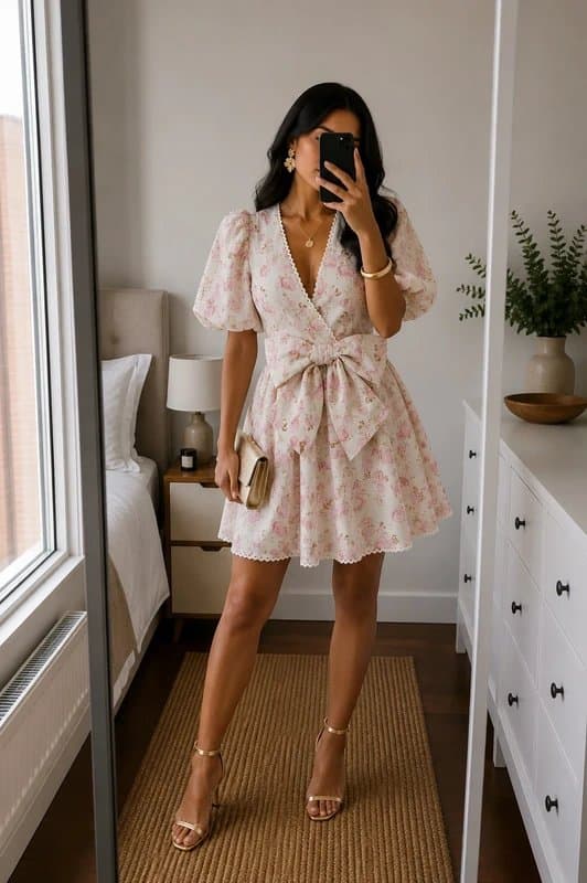 ASOS Asos luxe  jacquard puff sleeve mini dress with bow detail in floral print