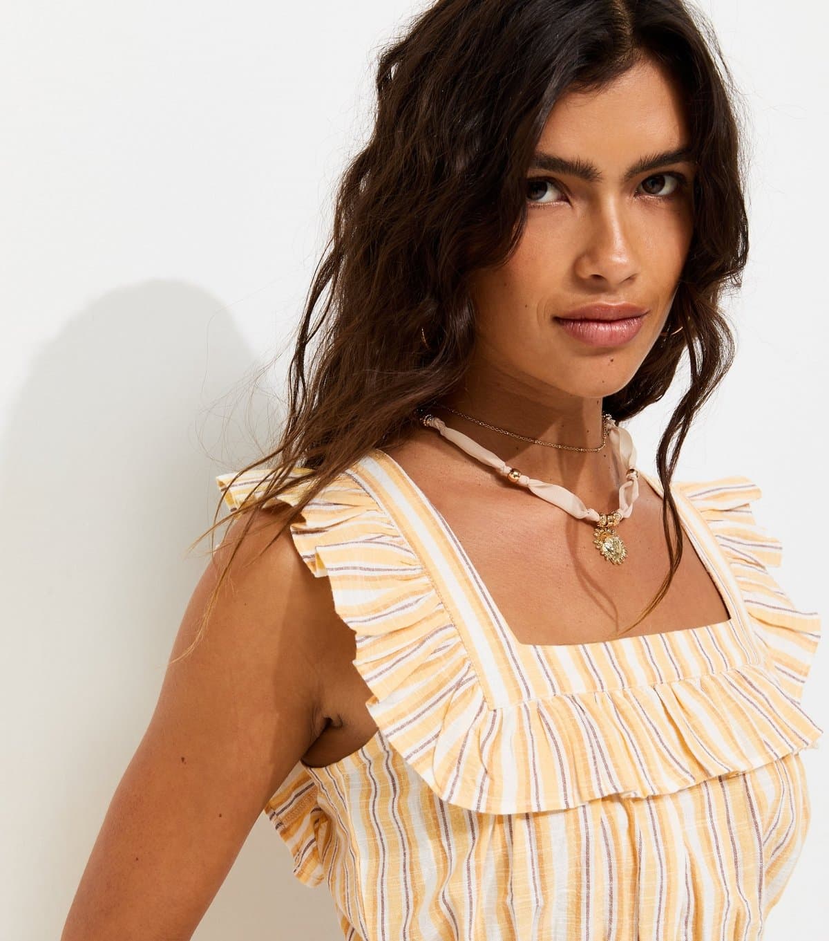New Look New Look Yellow Cotton Stripe Frill Crop Top