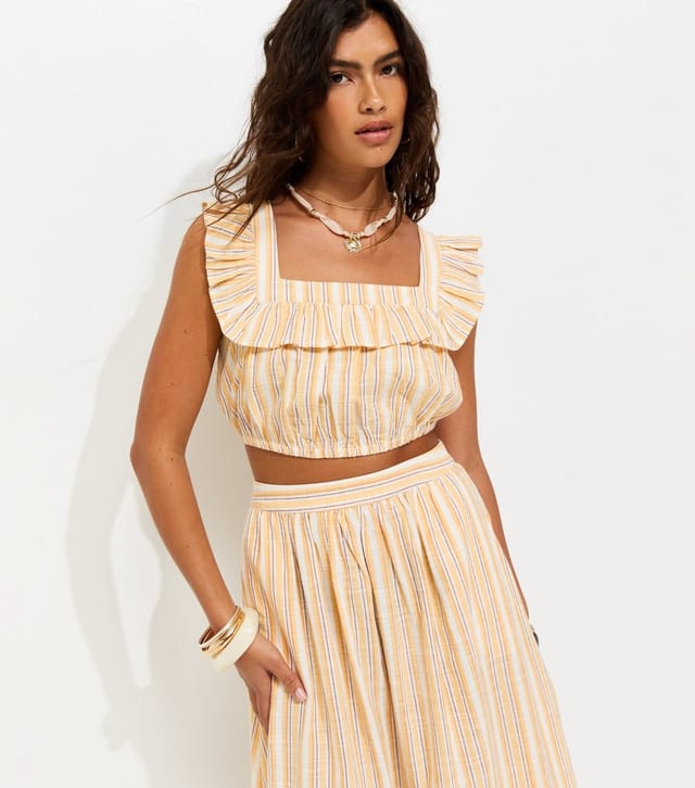 New Look Women's Yellow Cotton Stripe Frill Crop Top New Look - 2