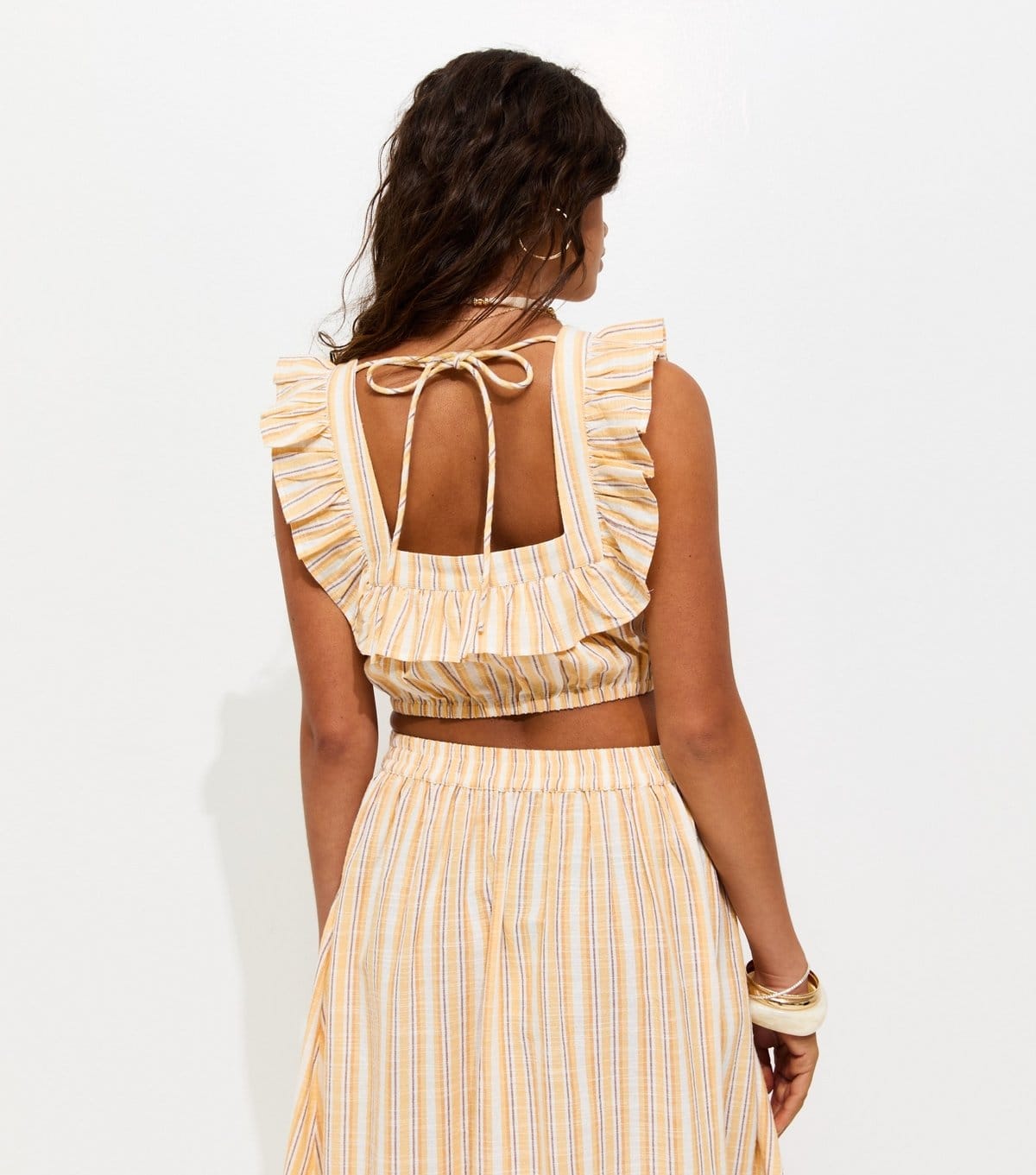 New Look Women's Yellow Cotton Stripe Frill Crop Top New Look - 4