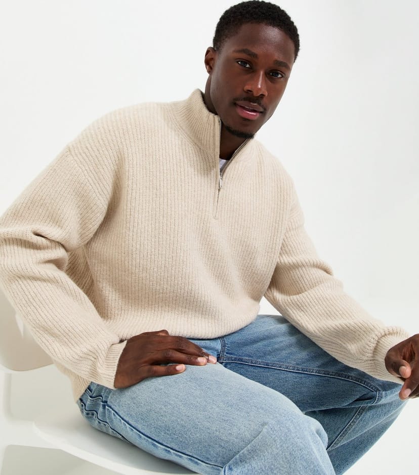 New Look Men's Cream Regular Fit Ribbed Knit Quarter Zip Funnel Neck Jumper New Look - 1