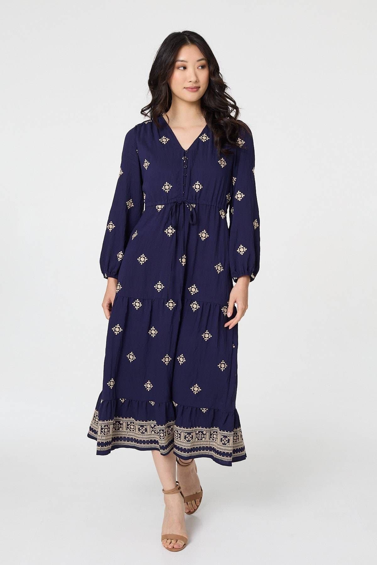 Izabel London Izabel London Women's Border Print Long Sleeve Midi Dress in Navy