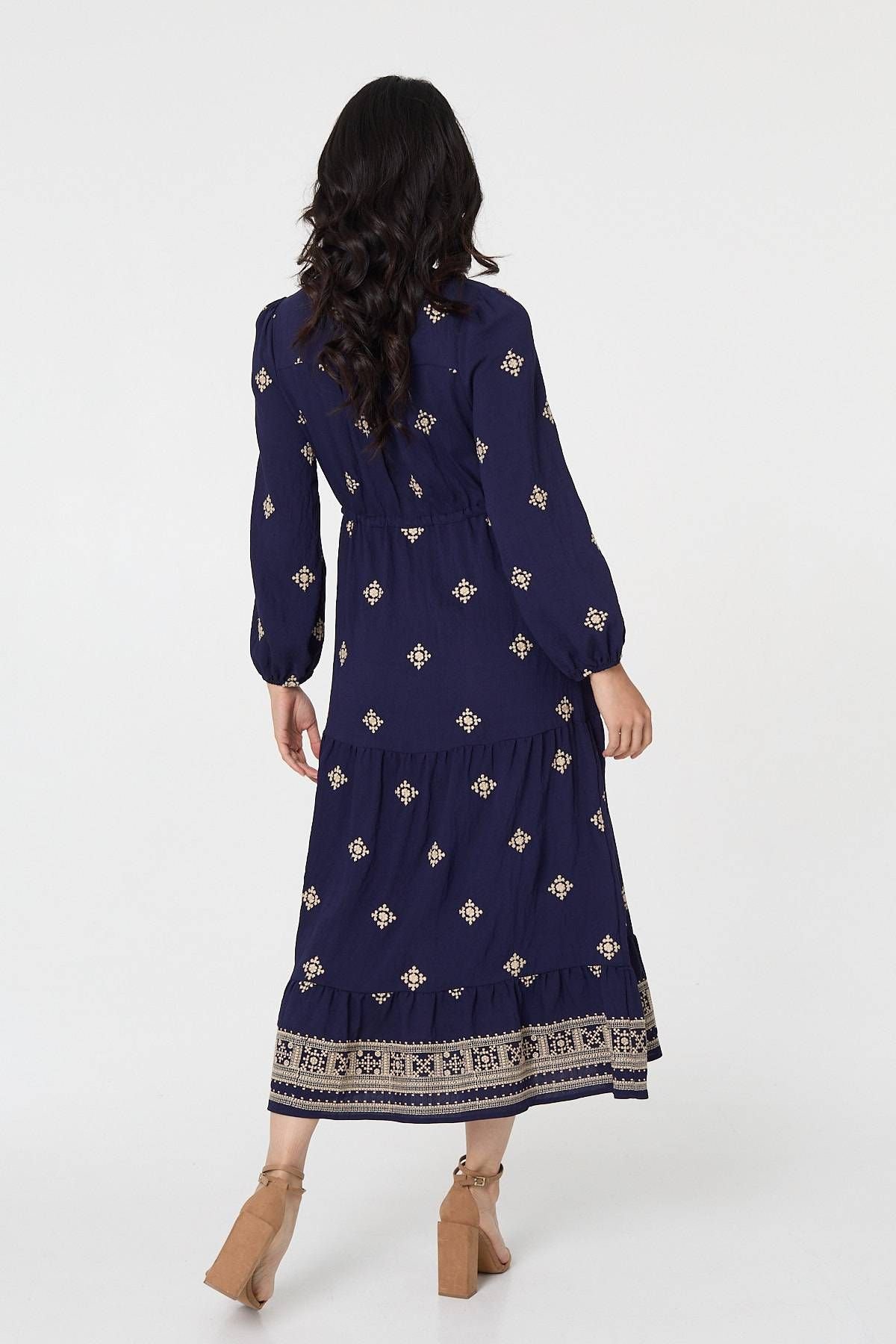 Izabel London Izabel London Women's Border Print Long Sleeve Midi Dress in Navy - 3