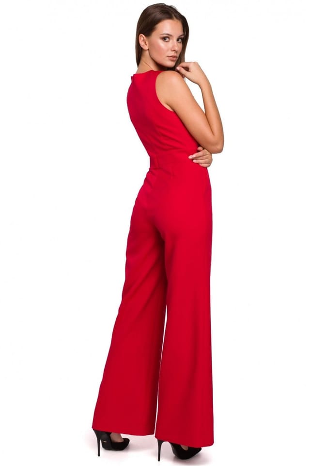 Love Lace Love Lace Women's Crosswise Stripe Overalls with Covered Zip in Red - 2