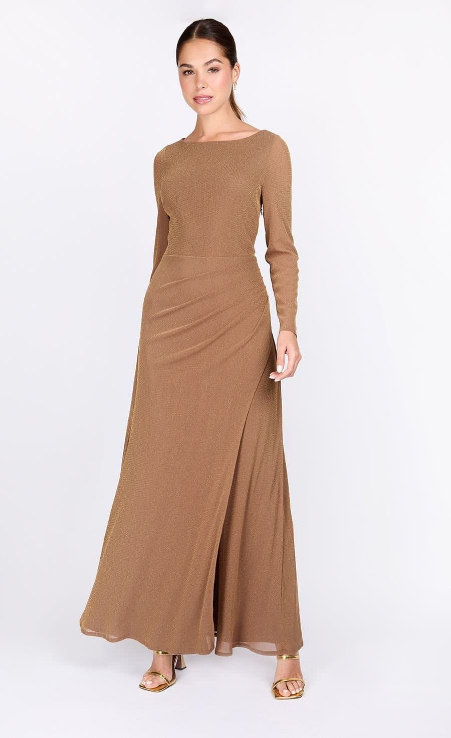 Little Mistress Little Mistress Women's Taupe Lurex Long Sleeve Maxi Dress