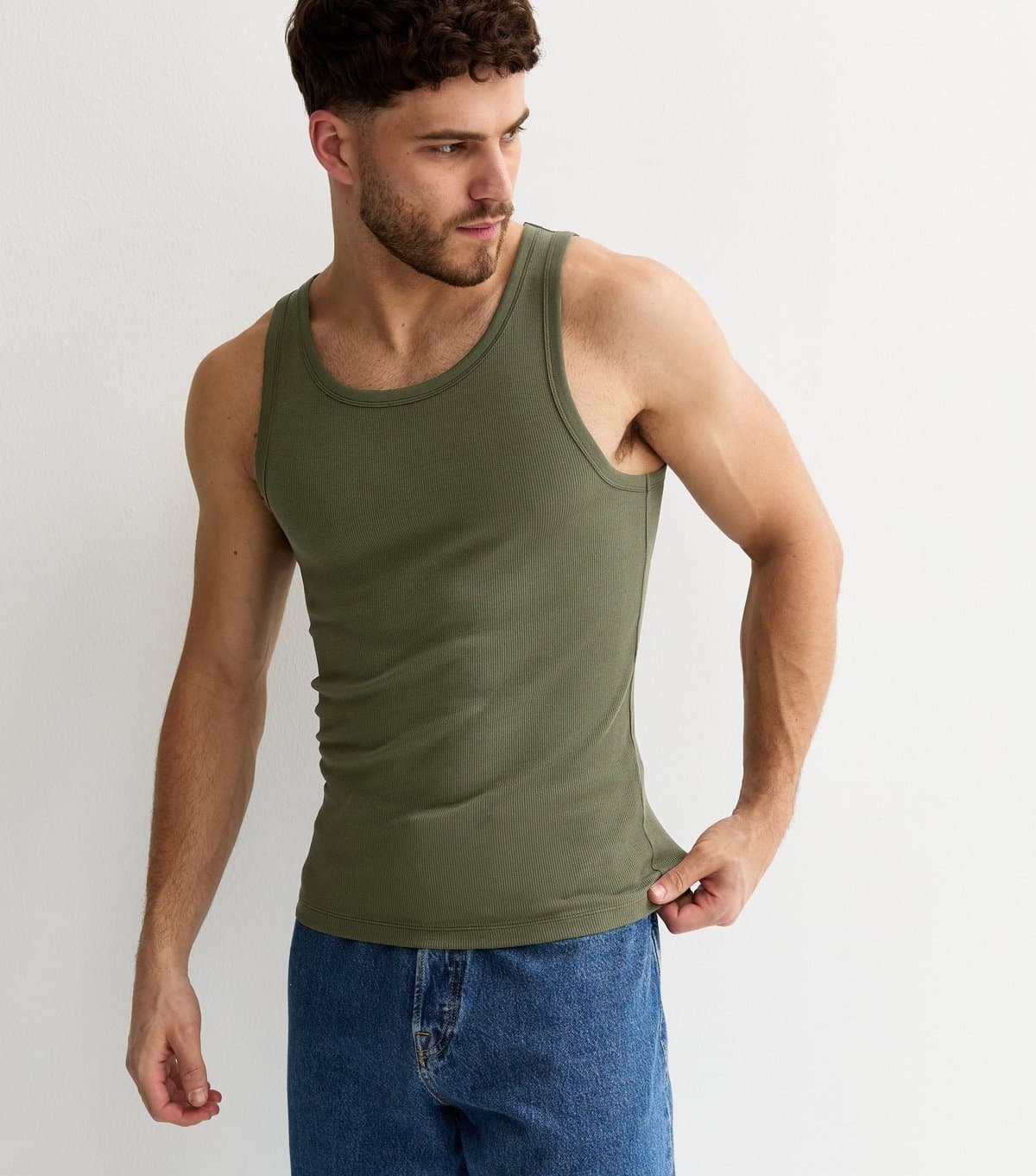 New Look Men's Dark Khaki Muscle Fit Ribbed Jersey Vest New Look