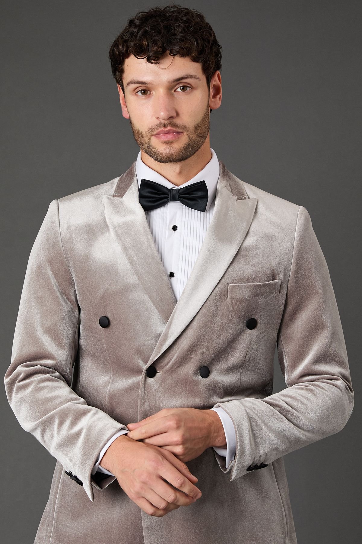 Burton Burton Men's Taupe Velvet Double Breasted Tuxedo Jacket - 3