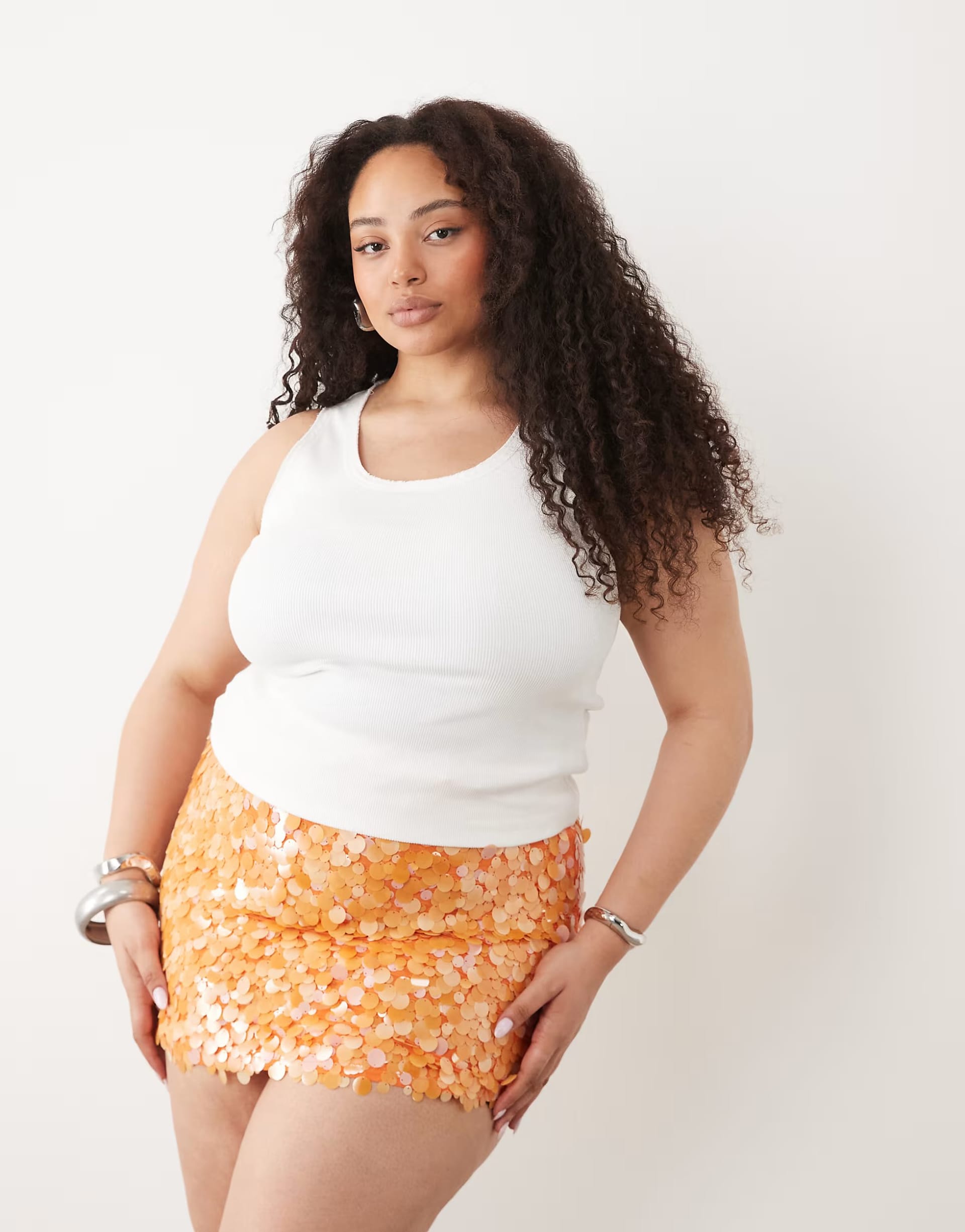 ASOS DESIGN Curve Layered Sequin Mini Skirt in Orange