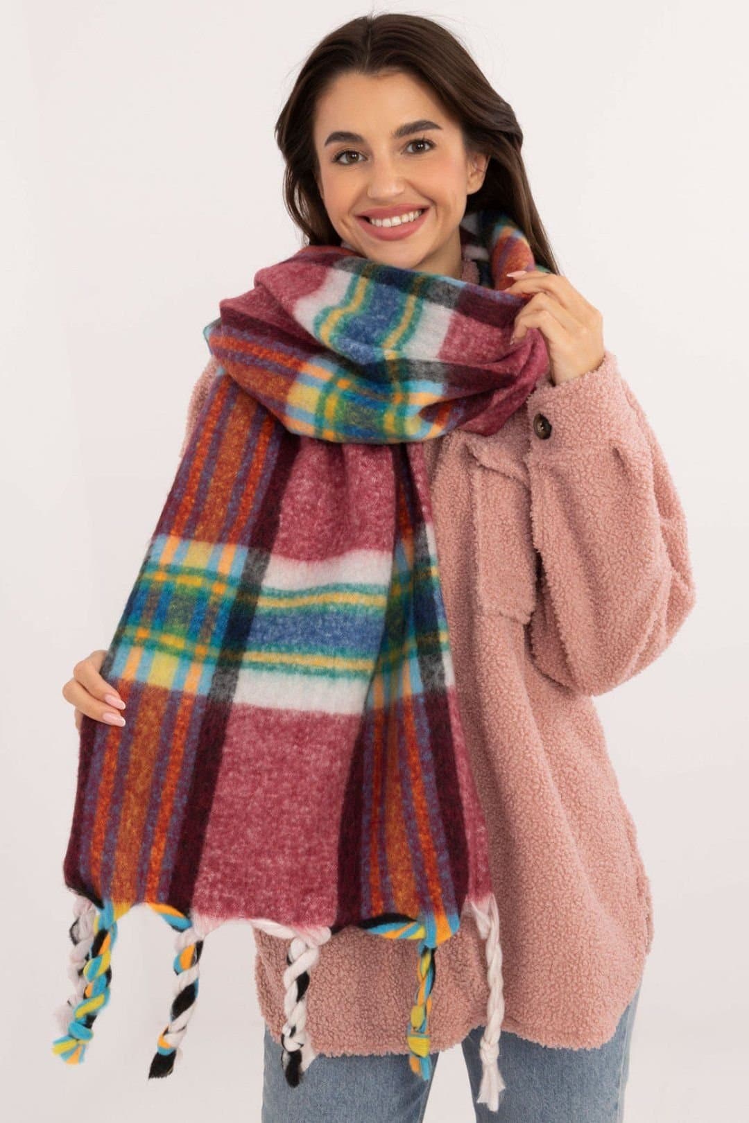 Love Lace Love Lace Women's Elegant Check Polyester Scarf with Tassels for Winter Warmth in Dark Red