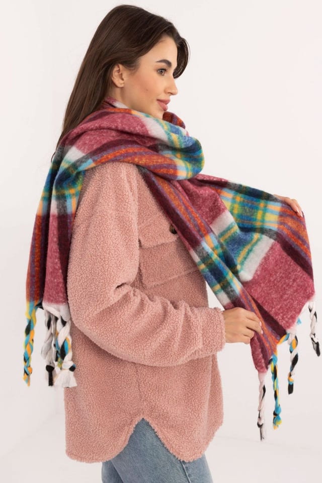 Love Lace Love Lace Women's Elegant Check Polyester Scarf with Tassels for Winter Warmth in Dark Red - 2