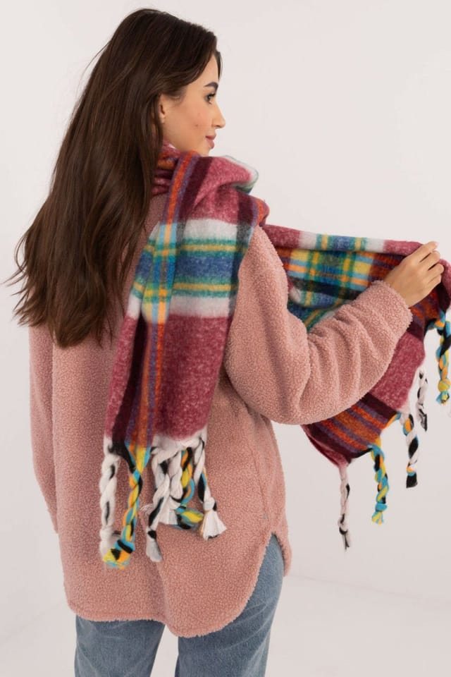 Love Lace Love Lace Women's Elegant Check Polyester Scarf with Tassels for Winter Warmth in Dark Red - 3