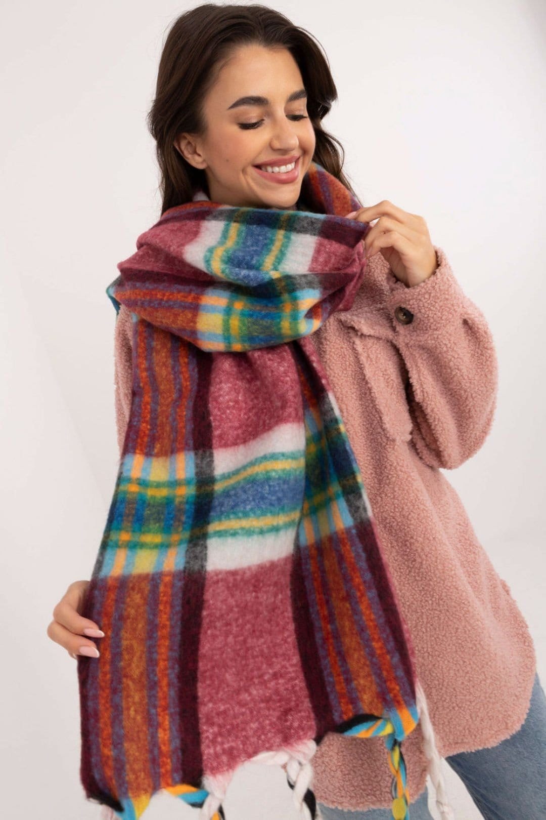Love Lace Love Lace Women's Elegant Check Polyester Scarf with Tassels for Winter Warmth in Dark Red - 4