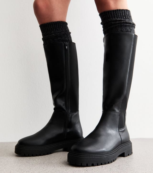 New Look Women's Wide Fit Black Faux Leather Knee High Boots Vegan New Look - 2