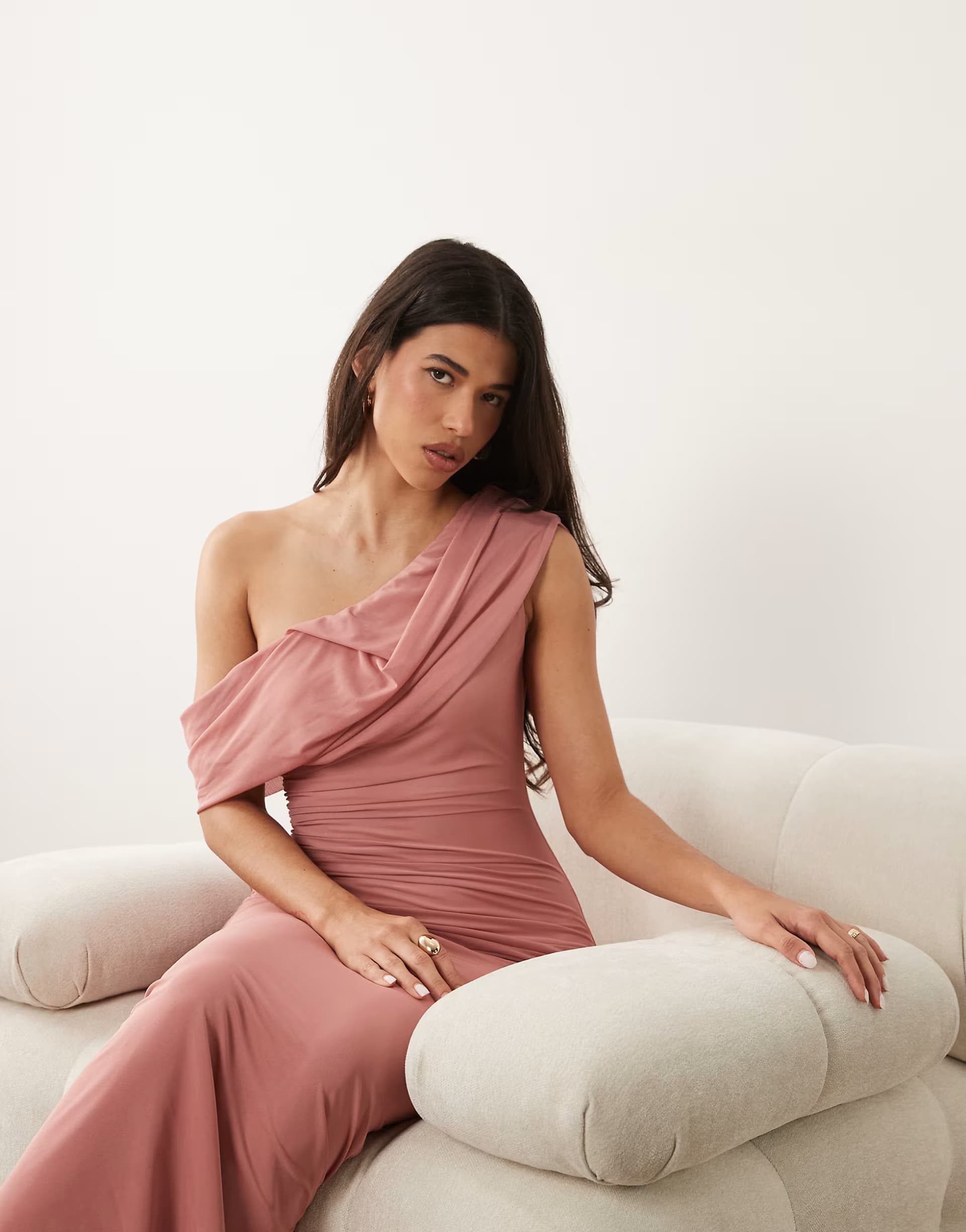 ASOS ASOS DESIGN mesh off shoulder drape maxi dress with ruching detailing in