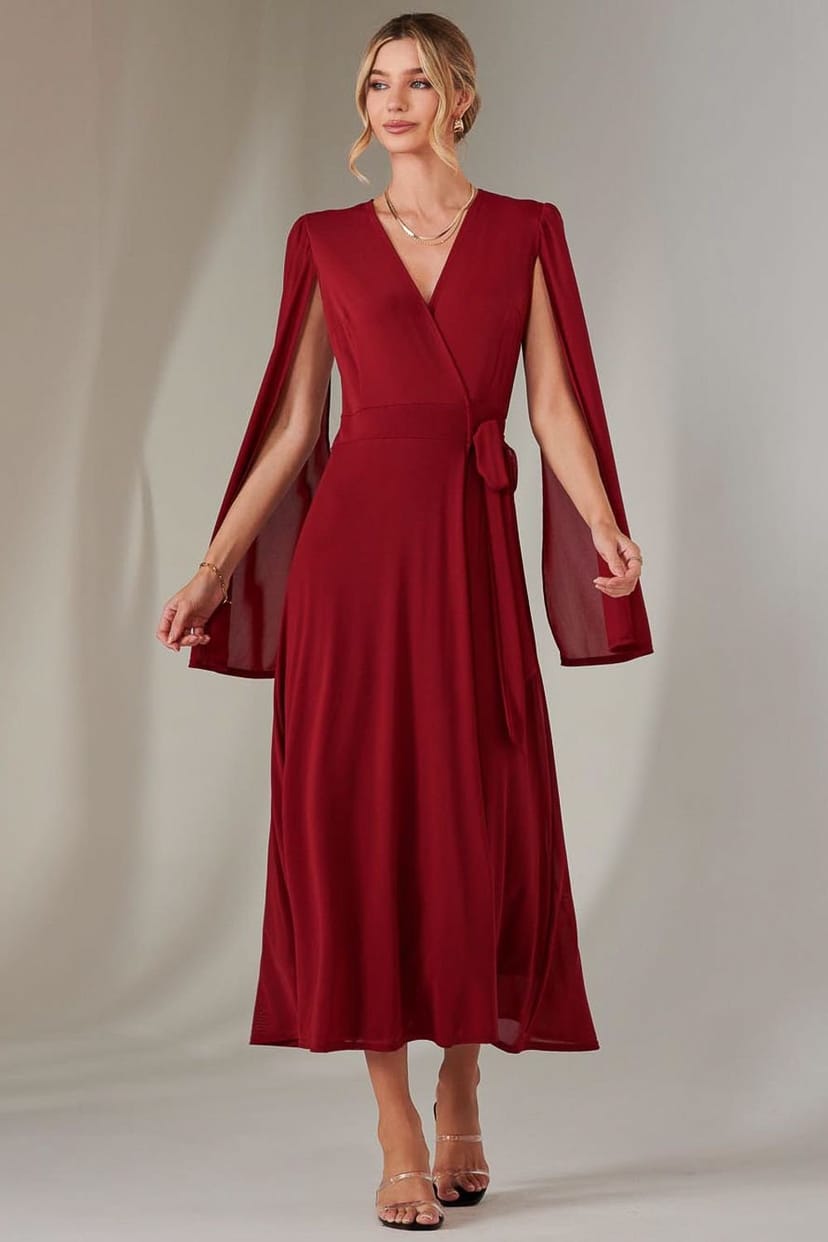 Jolie Moi Jolie Moi Women's Amira Cape Sleeve Wrapped Maxi Dress in Red - 1
