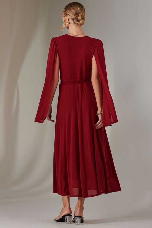 Jolie Moi Jolie Moi Women's Amira Cape Sleeve Wrapped Maxi Dress in Red - 2