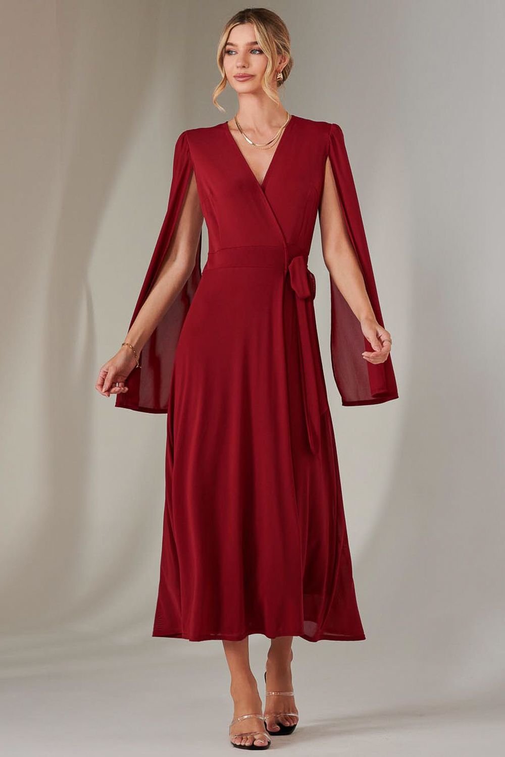 Jolie Moi Jolie Moi Women's Amira Cape Sleeve Wrapped Maxi Dress in Red - 3