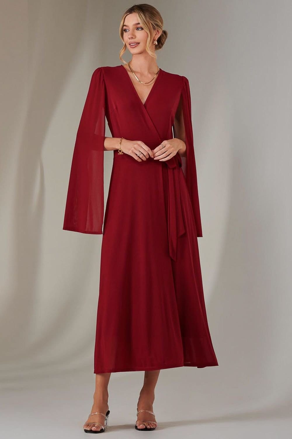 Jolie Moi Jolie Moi Women's Amira Cape Sleeve Wrapped Maxi Dress in Red - 4